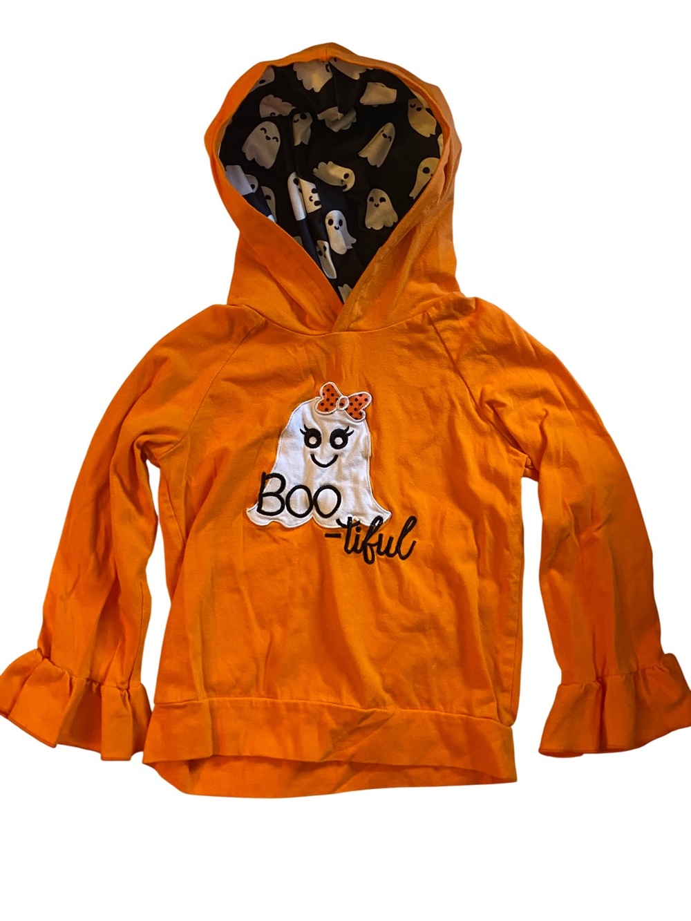 Boutique Girls Long Sleeve Hooded Halloween Shirt with Embroidered Ghost